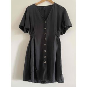 ZARA Black V-Neck Button Down Short Sleeve Gathered Waist Casual Dress L